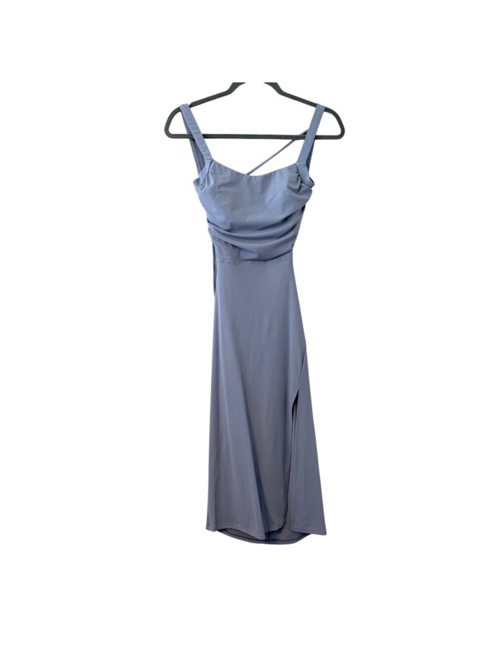 Halara Blue Midi Dress Ruched Front Crisscross Back Straps Side Slit Size S Dres